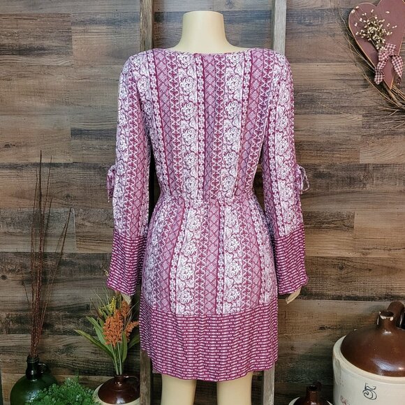 Pink Rose Floral Boho Shift Dress Size M Tie Sleeves Stretch Waist Country Girl - Picture 6 of 13
